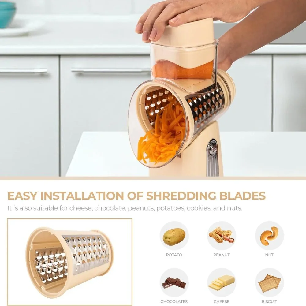 Rotary Cheese Grater w/Handle &5 Blades, Round Slicer & Vegetable Grater